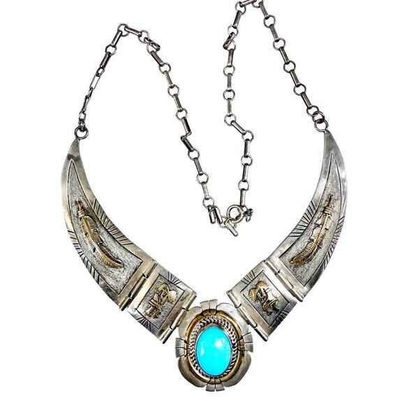 Native American E. Etsitty Navajo SS turquoise Hinged necklace Kokopelli 41.3 G - Picture 1 of 12